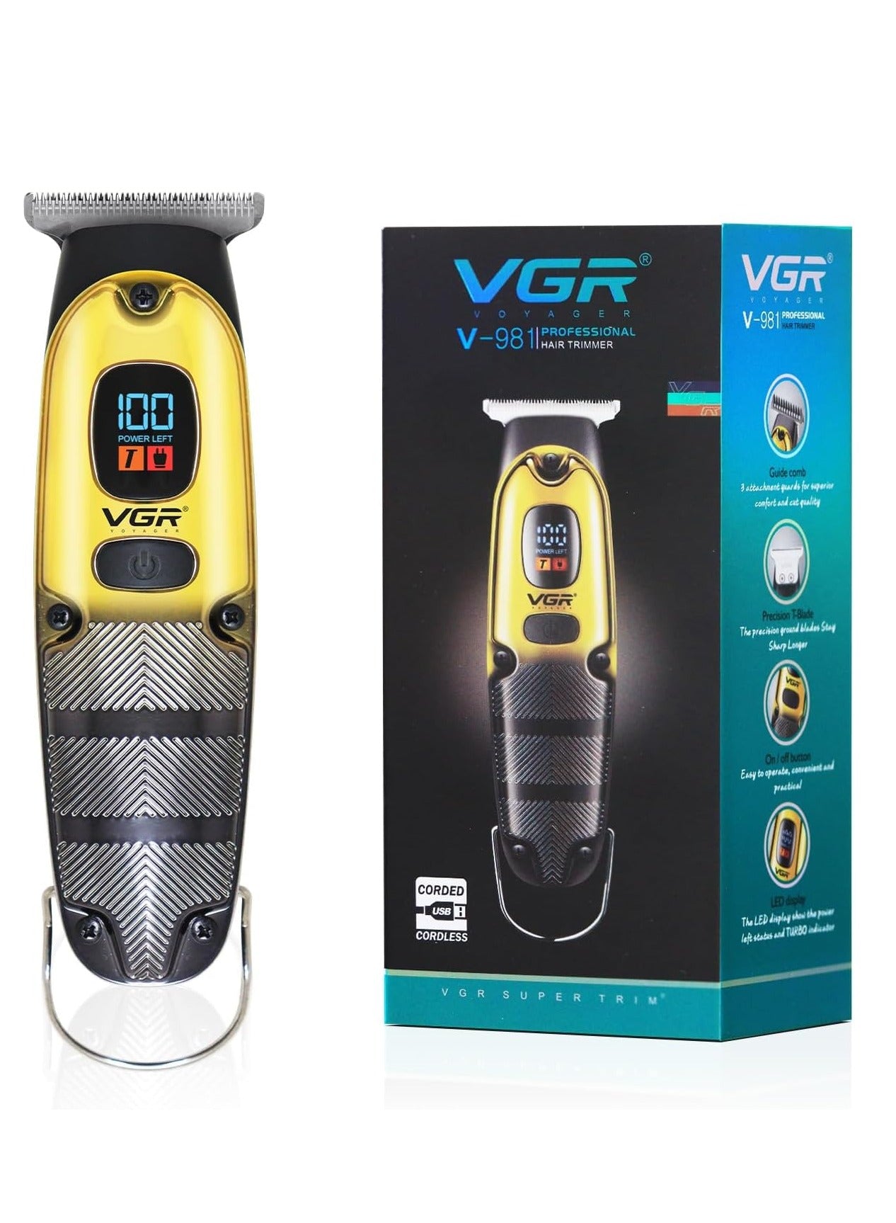 VGR V-981 Professional Hair Clipper Corded & Cordless with LED Display & Turbo Mode Function | Runtime: 150 min Trimmer for Men