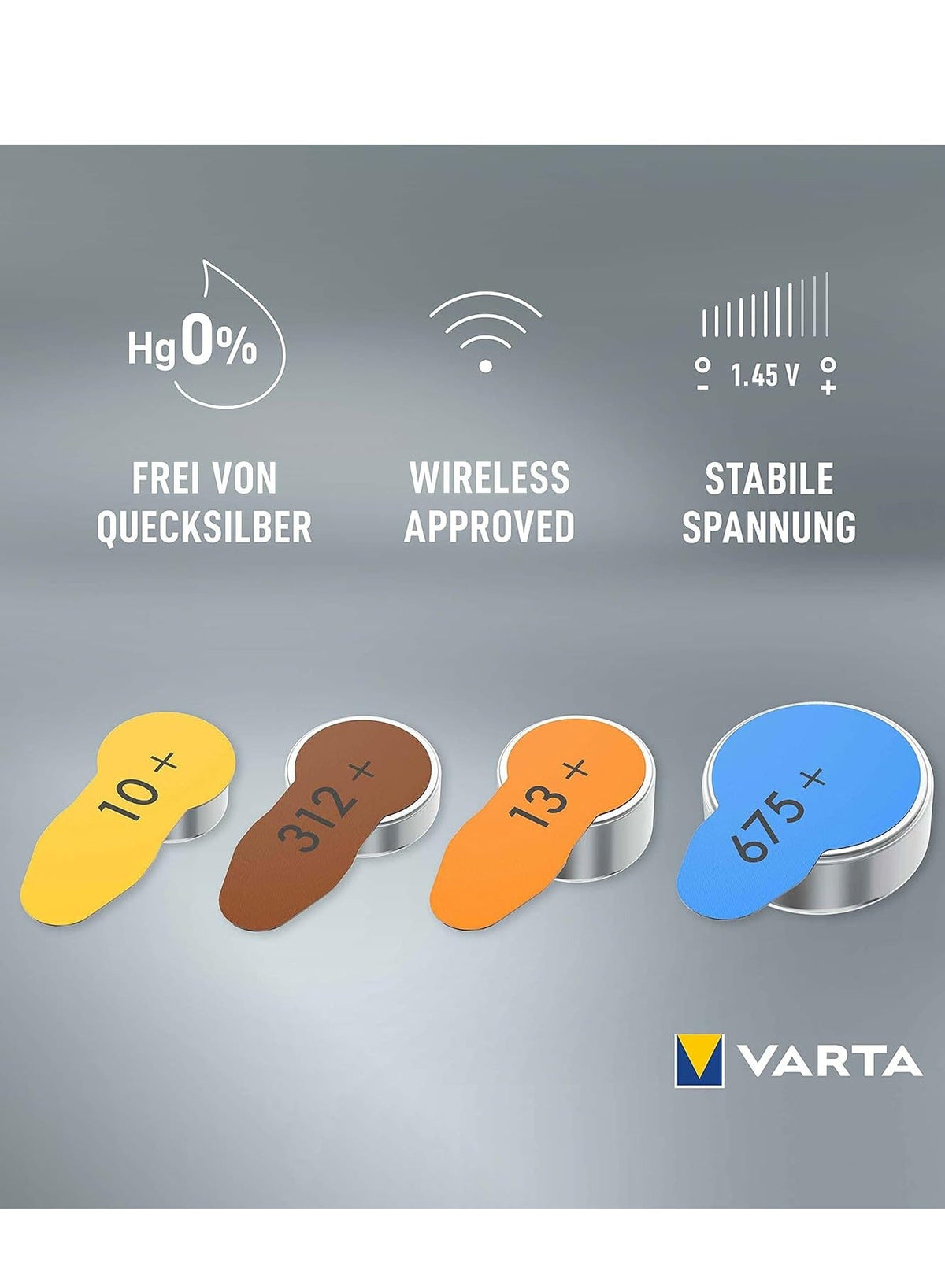 Hearing Aid Batteries, Yellow Type 13 , PR48 , 1.45V , 6 pes, Custom Made, high hearing level, mercury-free, Made in Ger