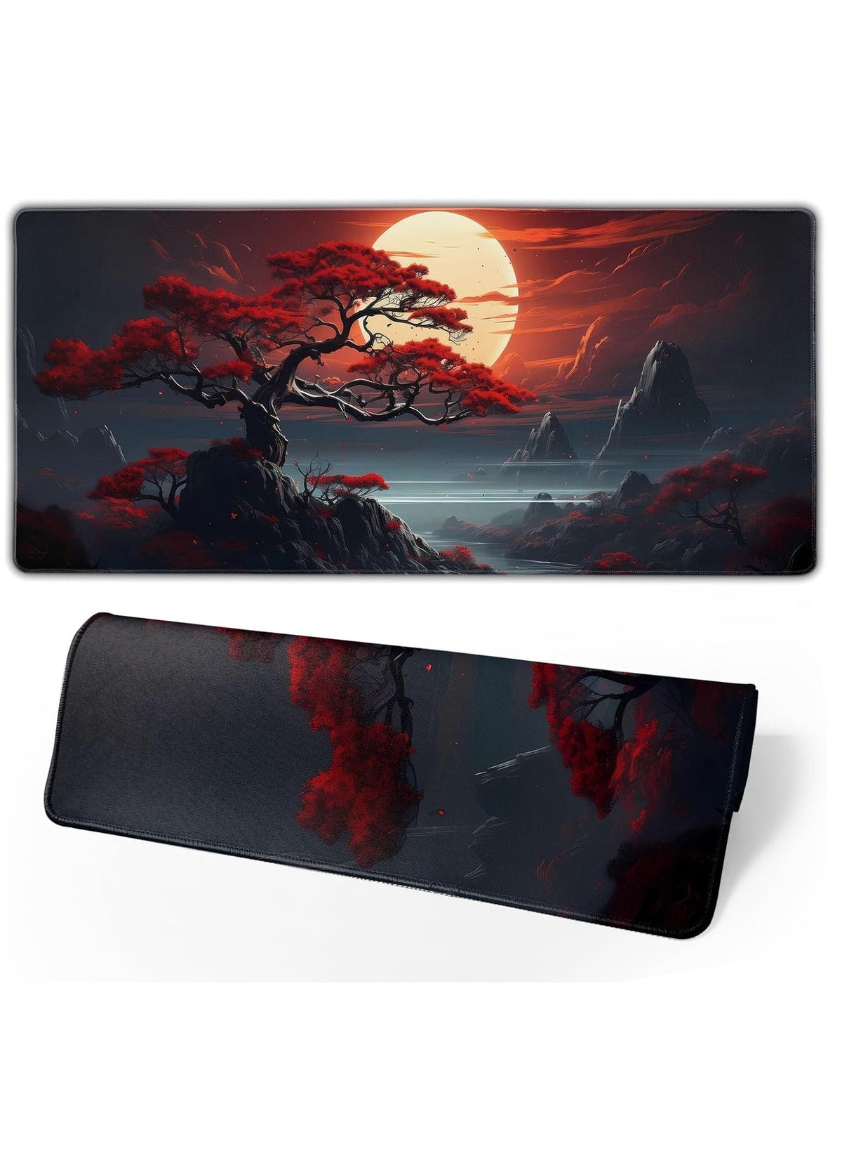 Darkness Red Moon Desk Mat Japanese Mouse Pad, Large Japanese Desk Mat, XL Anime Gaming Keyboard Mat, Non-Slip Rubber Ba