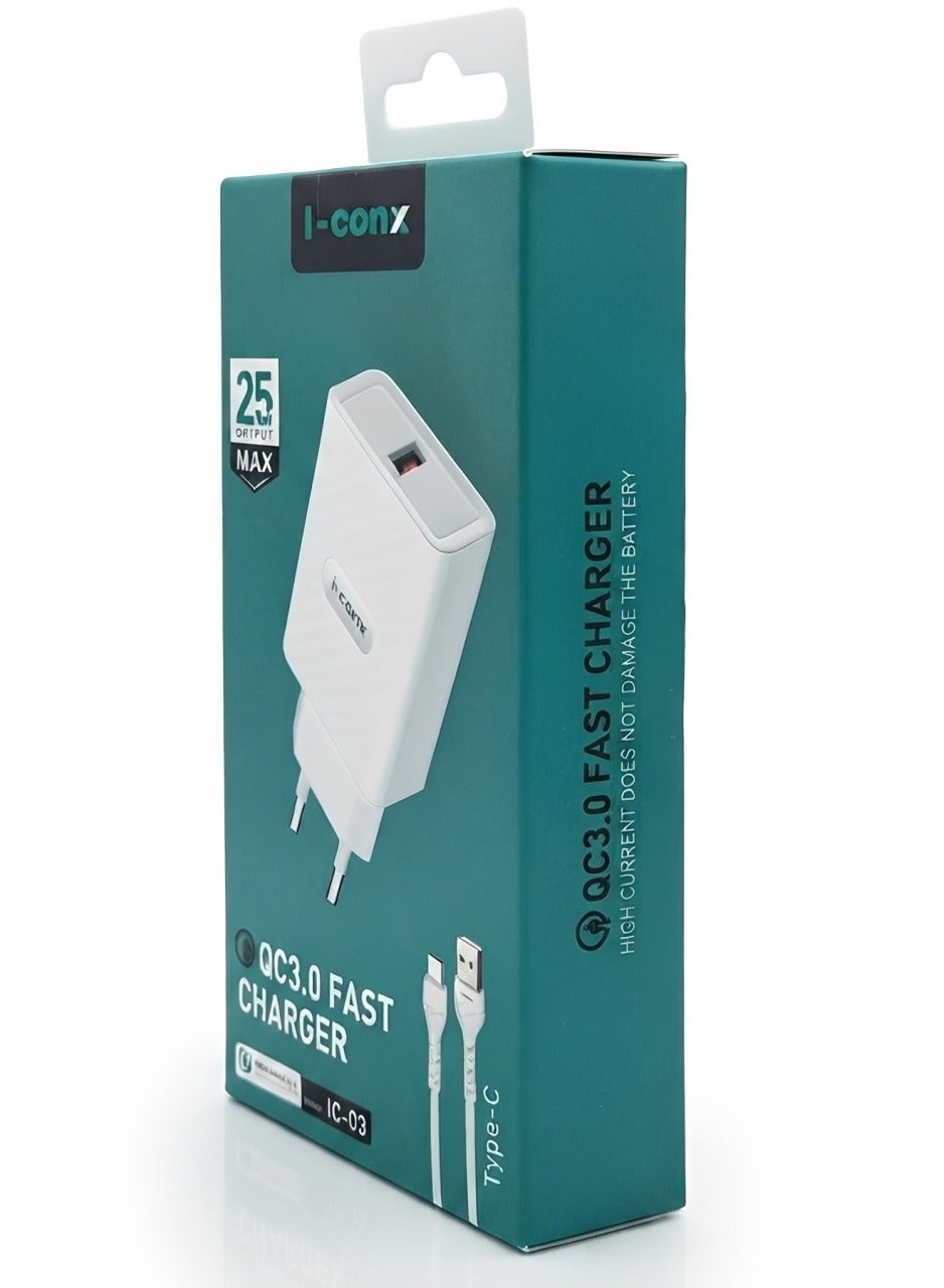 IC-03 25W QC 3.0 Fast Wall Charger with USB-C Cable – Qualcomm Quick Charge 3.0 USB-A Charging Adapter, Smart Fast Charg
