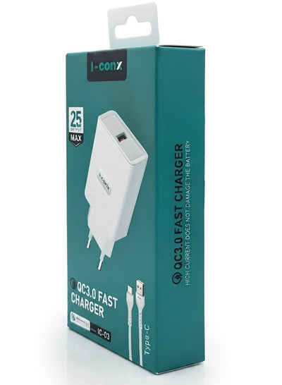 IC-03 25W QC 3.0 Fast Wall Charger with USB-C Cable – Qualcomm Quick Charge 3.0 USB-A Charging Adapter, Smart Fast Charg