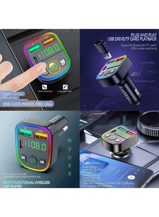 Bluetooth FM Transmitter Car Charger M103 with PD 18W USB-C Fast Charging, Dual USB Ports, Hands-Free Calling, MP3 Playe