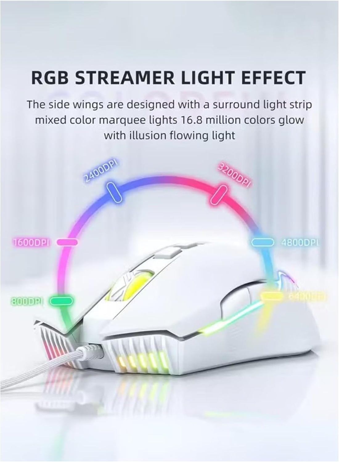 CW905 Wired RGB Gaming Mouse with Adjustable 6400DPI , 7 Buttons Optical USB Mouse, Ergonomic Symmetrical Design, Anti F