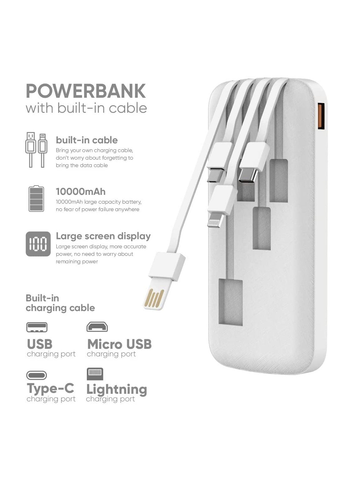 VIDVIE Power bank 4 in 1-10,000 mAh 10W - 4 Built in cables (USB, Lighting, Type C, Micro) Digital Screen, For iPhone & Android Phones