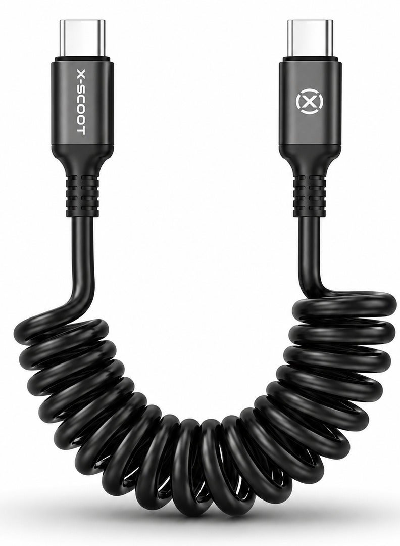 CL-156120W PD USB-C to USB-C Coiled Fast Charging & Data Cable, 1.2M Retractable Spiral Cord, Aluminum Alloy Connectors,