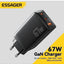 شاحن حائط ESSAGER G671A2CU GaN قوة 67W 3 منافذ QC4.0 أسود