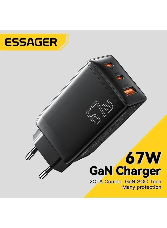 شاحن حائط ESSAGER G671A2CU GaN قوة 67W 3 منافذ QC4.0 أسود