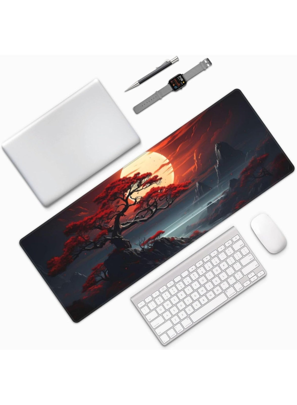 Darkness Red Moon Desk Mat Japanese Mouse Pad, Large Japanese Desk Mat, XL Anime Gaming Keyboard Mat, Non-Slip Rubber Ba