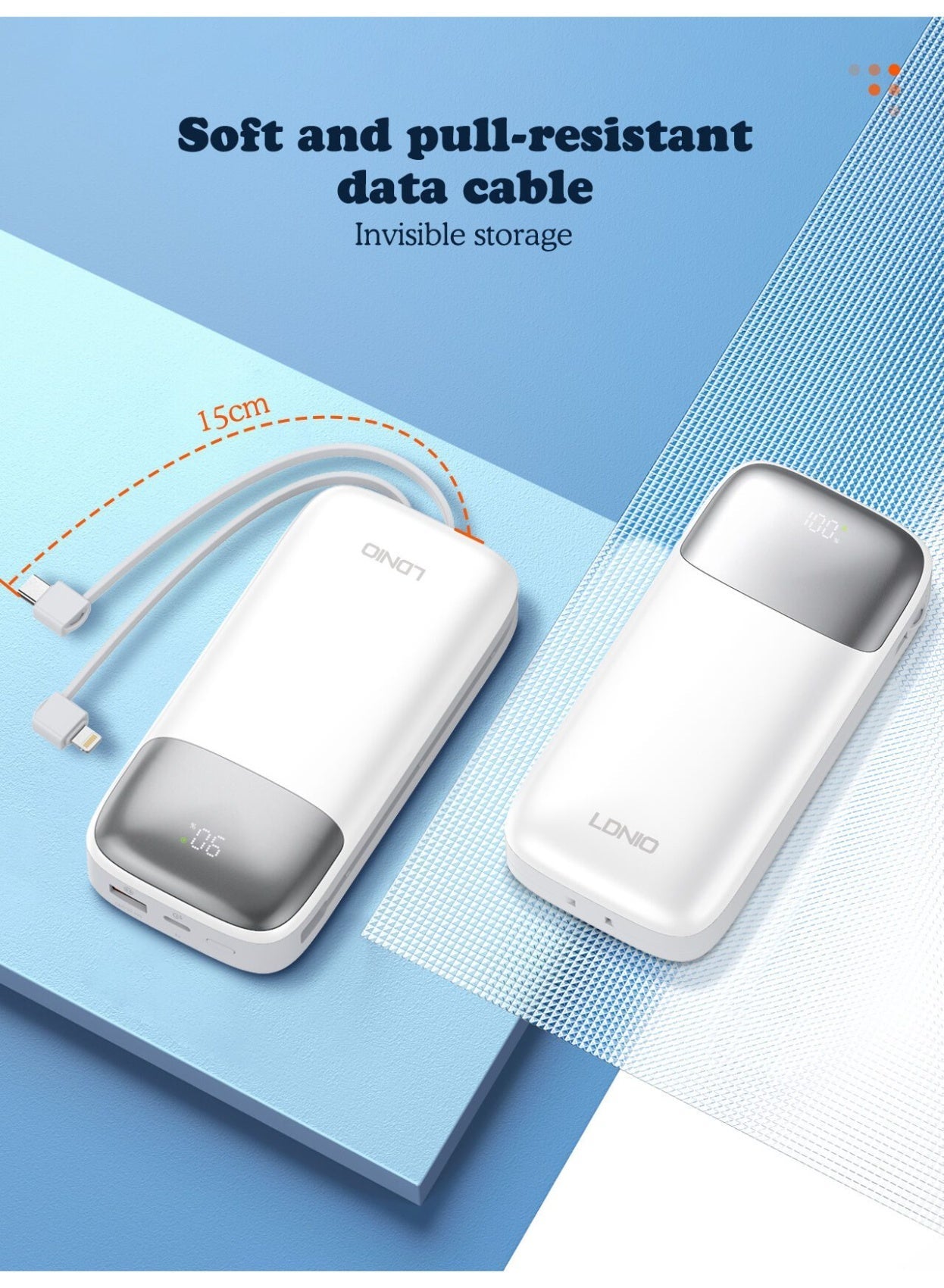 PQ20 20000mAh Fast Charging Power Bank with Built-In Charging Cables, 22.5W USB-C PD Output, 18W USB-C Fast Input, LED D