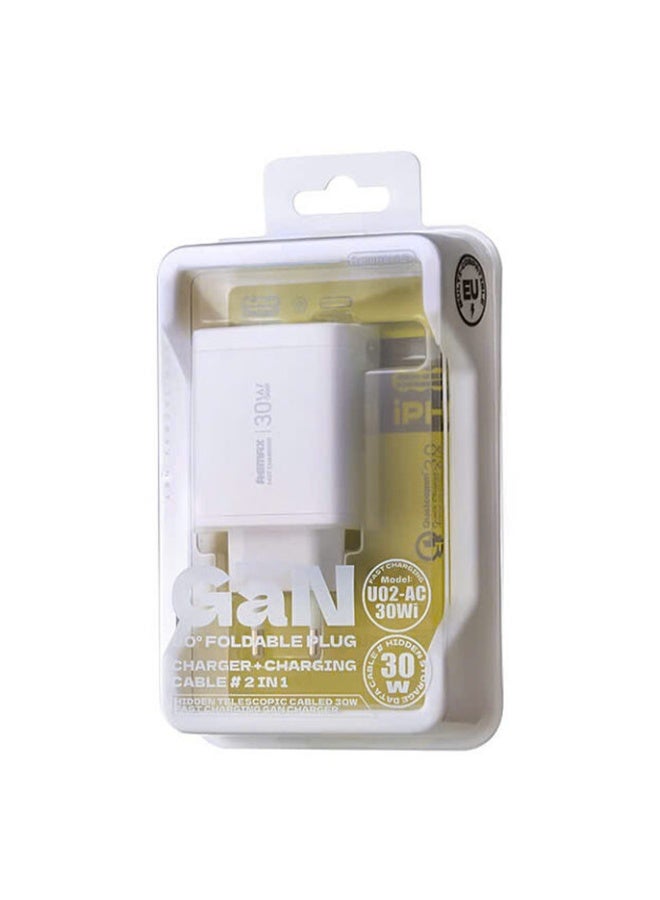 شاحن REMAX U02-AC GaN قوة 30W منفذ Type-C أبيض