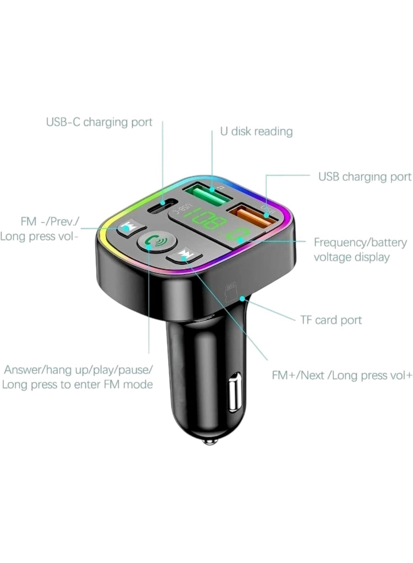 Bluetooth FM Transmitter Car Charger M103 with PD 18W USB-C Fast Charging, Dual USB Ports, Hands-Free Calling, MP3 Playe