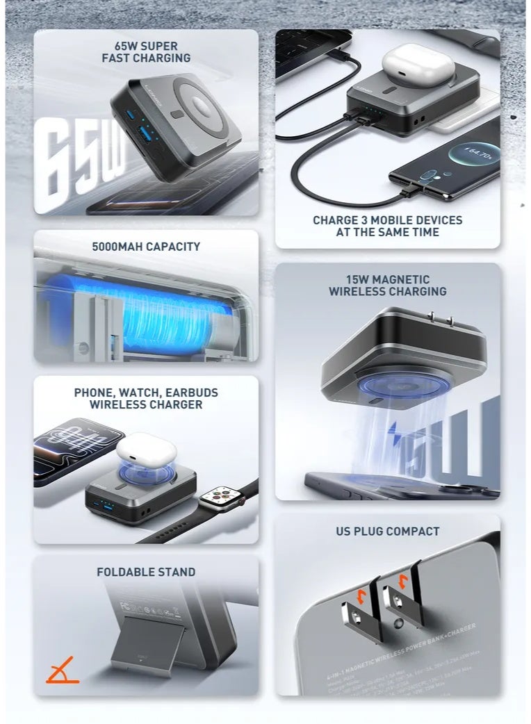 شاحن جداري وبطارية شحن لاسلكية مغناطيسية 4 في 1 مع شحن سريع USB-C PD بقوة 65 واط، وشحن لاسلكي مغناطيسي بقوة 15 واط، وبطا