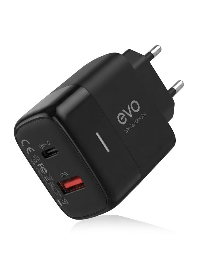 EVO-C14 25W Fast Wall Charger with USB-C Power Delivery and USB Port, Dual Port Fast Charging Adapter, Smart Chip USB-C 
