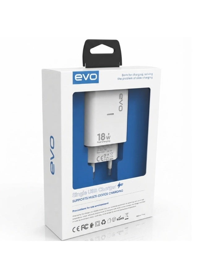 EVO-C13 18W Fast Wall Charger with USB-A Quick Charging Port, Single USB Power Adapter, Smart Chip Technology Charging B