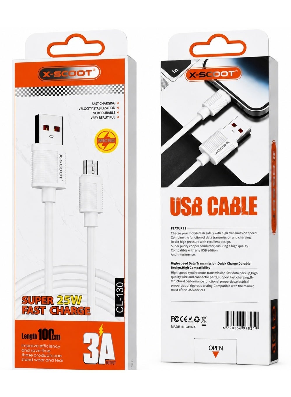 كابل شحن X-SCOOT CL130 Micro USB قوة 25W طول 1m أبيض