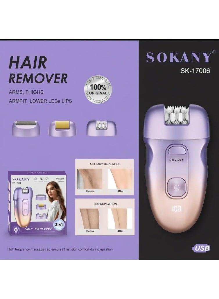 SK-17006 3-in-1 Women’s Epilator, Rechargeable Electric Hair Removal Machine with Shaver & Exfoliation Heads, 2 Speed Se