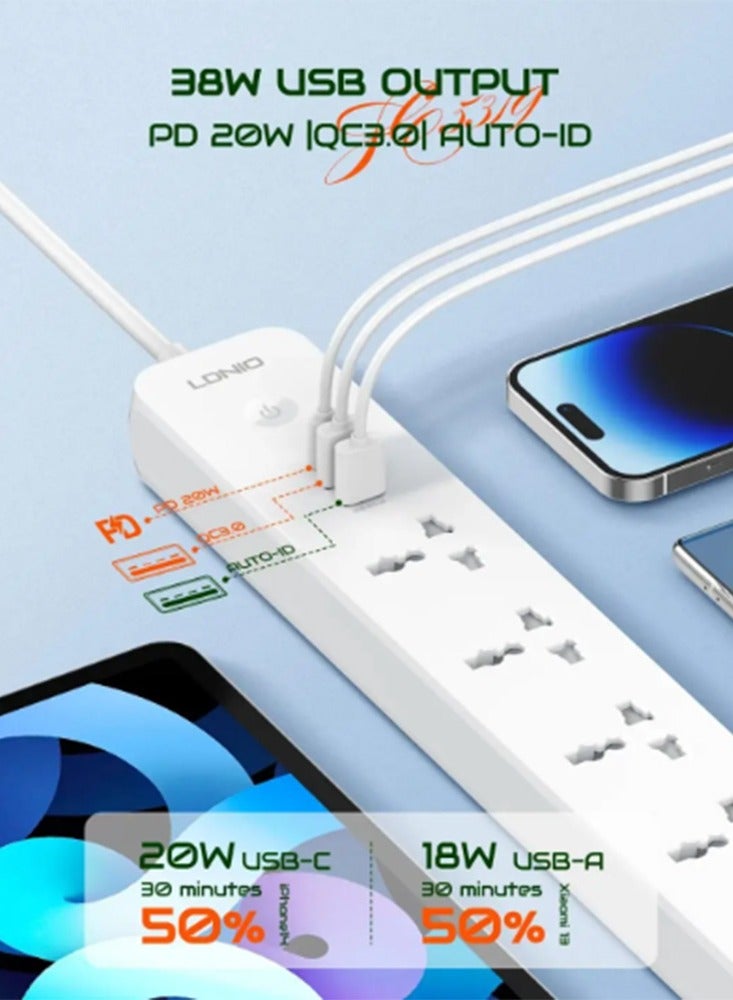 Power Strip with USB Charge Ports, SC5319, Universal Travel Adapter, 2M Extension Cord, Power Socket Plug Adapter