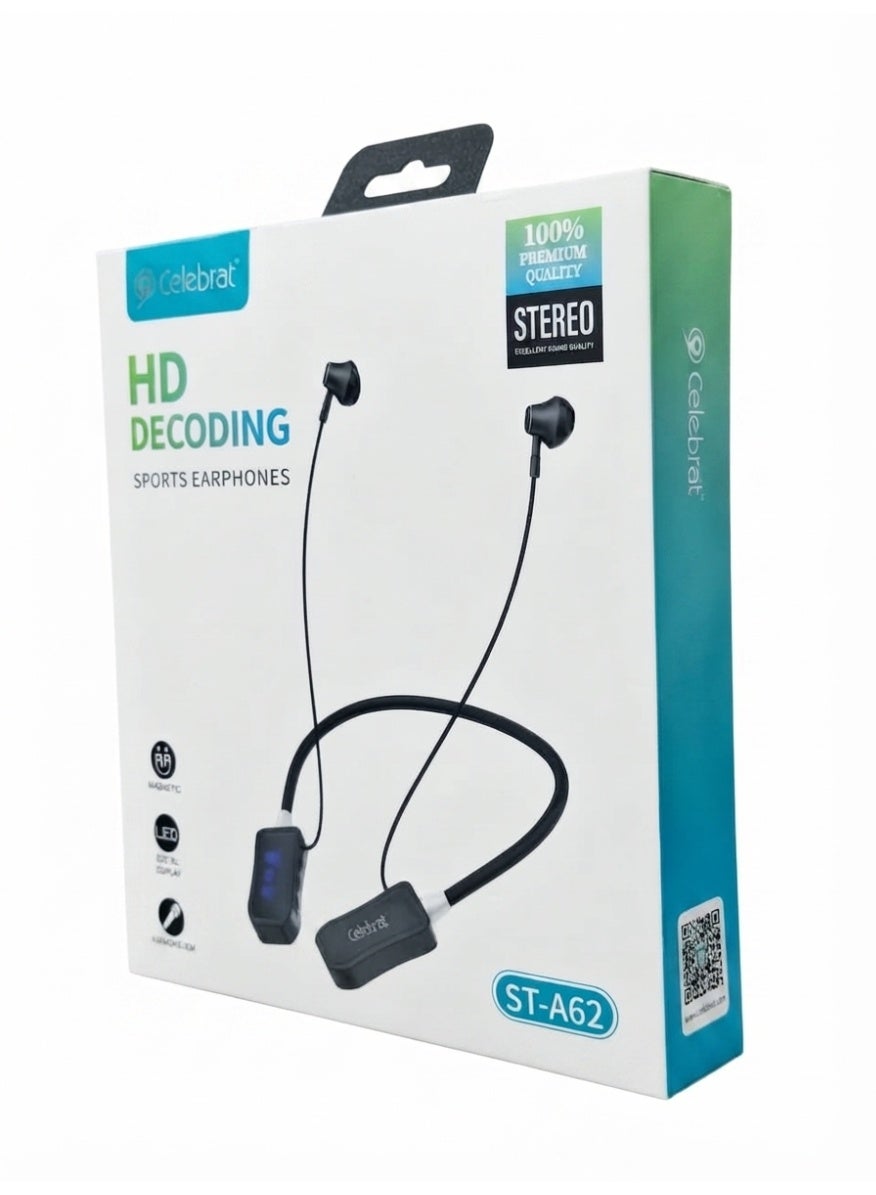 ST-A62 Wireless Neckband Earphones, Bluetooth Sports Headphones with HD Audio Decoding, Stereo Bass Sound, LED Battery D