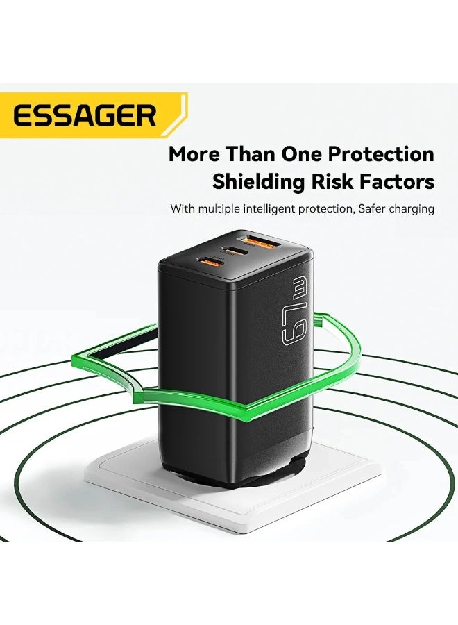 شاحن حائط ESSAGER G671A2CU GaN قوة 67W 3 منافذ QC4.0 أسود