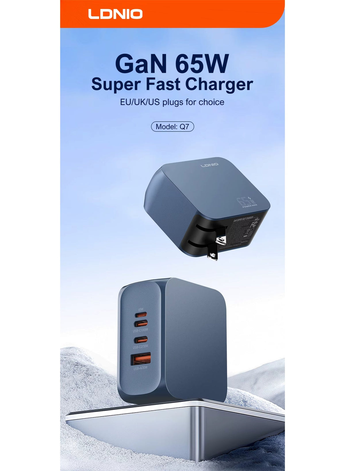 65W PD Super Fast Wall Charger with Dual USB-C, USB-A and Lightning Ports, Power Delivery PPS Fast Charging Adapter for 