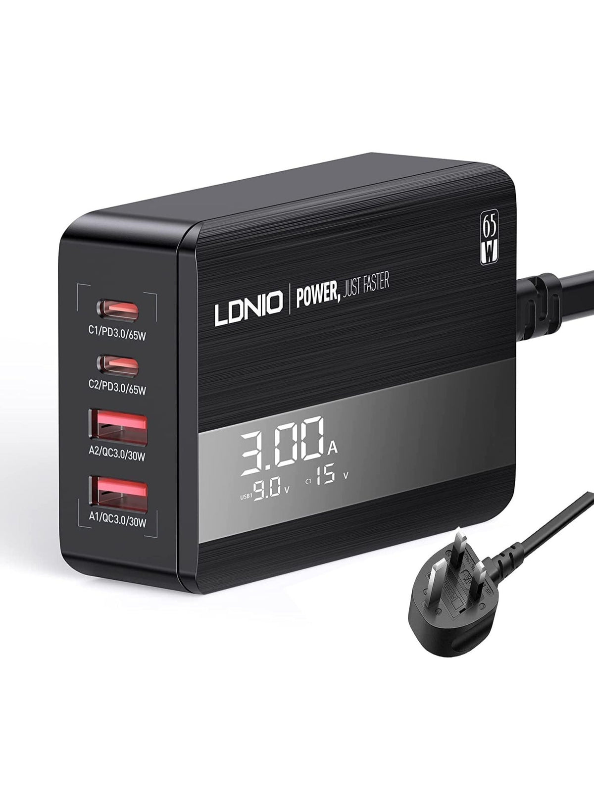 A4808Q 70W Desktop Fast Charger with 2 USB-C PD 3.0 & 2 USB-A QC 4.0 Ports, LED Power Display, Multi-Device Charging Sta