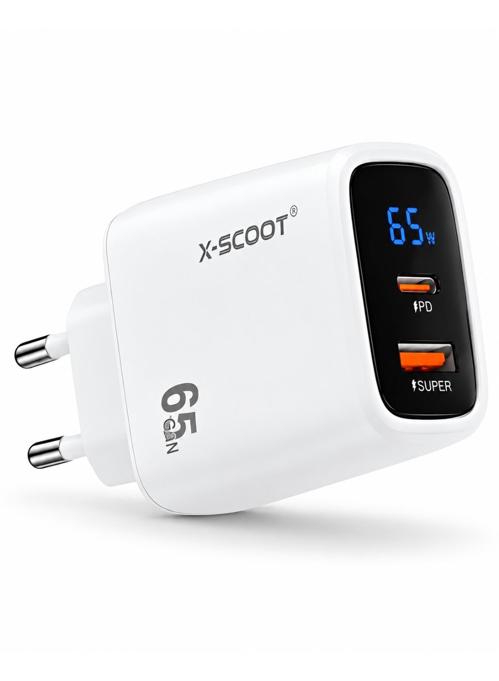 CH-272 65W Smart Fast Wall Charger with LCD Power Display, Dual-Port USB-C & USB-A Charging Adapter, AC 100–240V Travel 