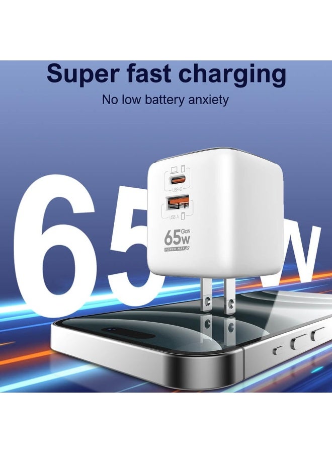 Q2617 Fast Wall Charger 65W with Dual Ports (USB-C & USB-A), PD & QC 3.0 Super Fast Charging, Foldable Plug Design, Incl
