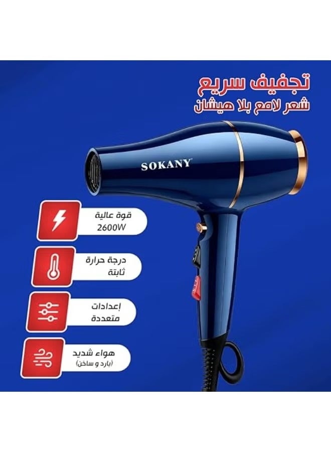 SK-2216 Professional Ionic Hair Dryer 2600W with Concentrator Nozzle, Fast Drying, 2 Speeds & 2 Heat Settings, Hot & Col