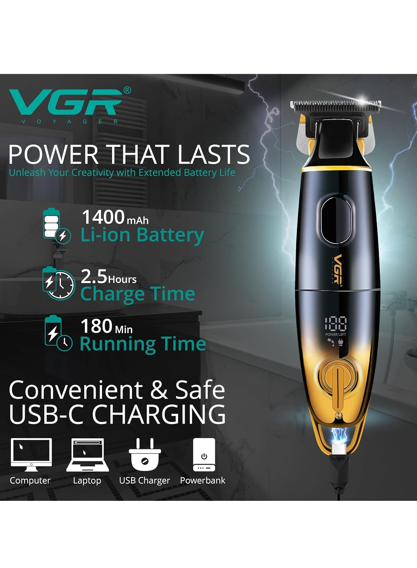 VGR Electric Beard Trimmer for Men - Rechargeable 180 min Battery - 7000 RPM - Ceramic Blades - Mens Cordless Hair Clippers - Professional Trim for Face, Neck, Sideburns, Stubble and Moustache