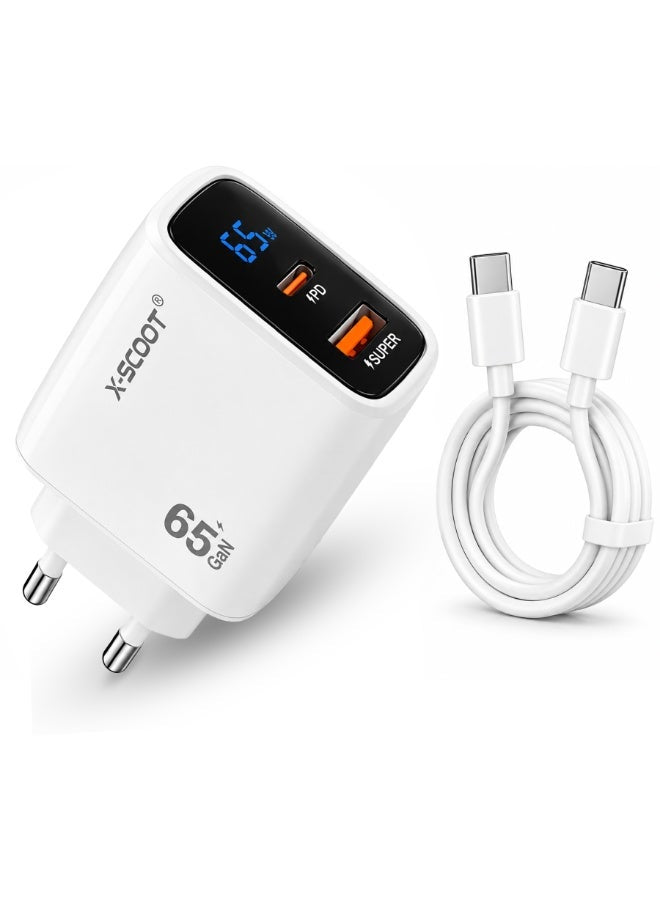 CH-272 65W Smart Fast Wall Charger with LCD Power Display, Dual-Port USB-C & USB-A Charging Adapter, AC 100–240V Travel 