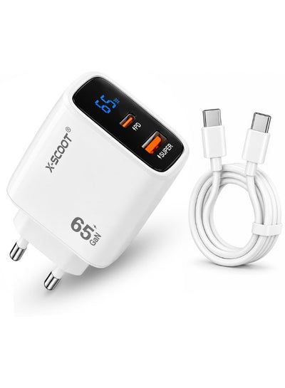 CH-272 65W Smart Fast Wall Charger with LCD Power Display, Dual-Port USB-C & USB-A Charging Adapter, AC 100–240V Travel 