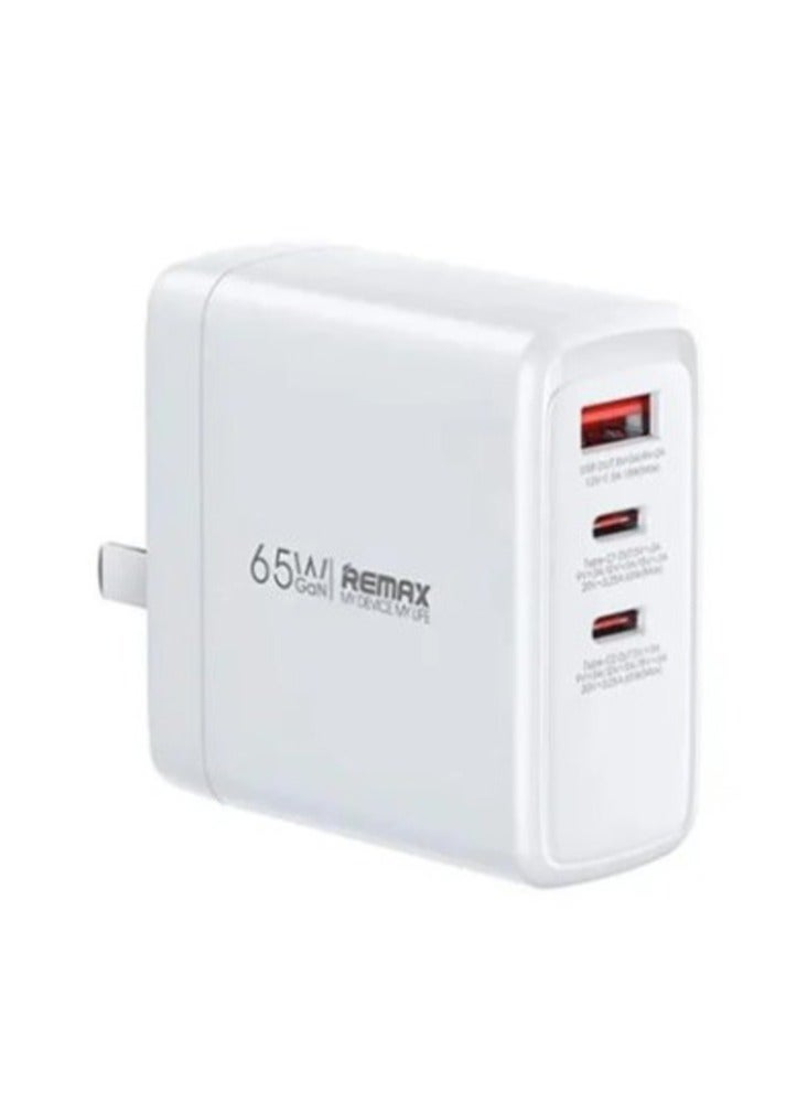 Fast charger, model RP-U100, DOFON series 65W 2C+1A GAN (white) 3 ports , smart protection chip, fast and safe charging