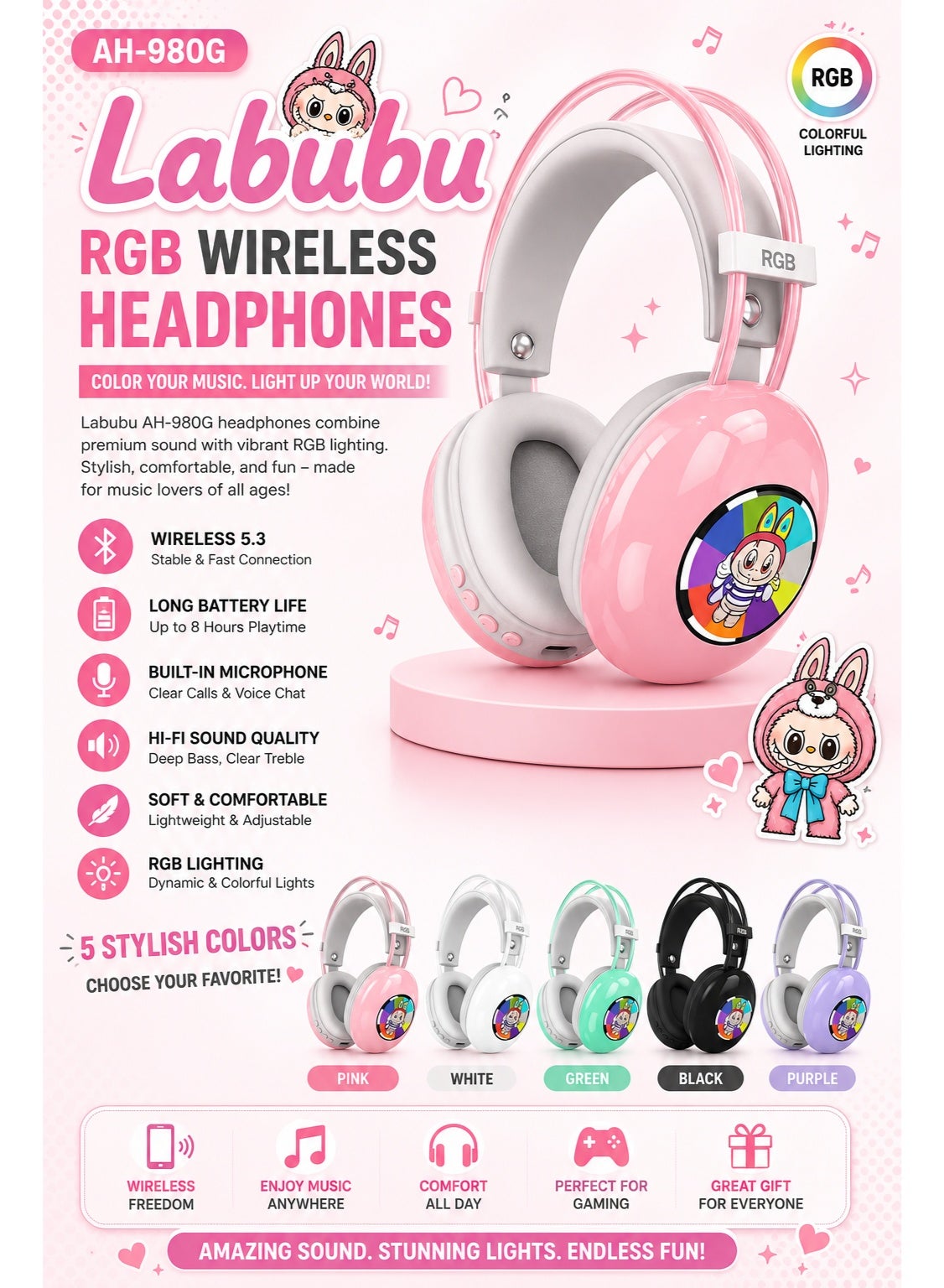 AH-980G RGB Bluetooth Gaming Headphones with 40mm Dynamic Drivers, Wireless Over-Ear Headset, Pure Bass Sound, Noise Red