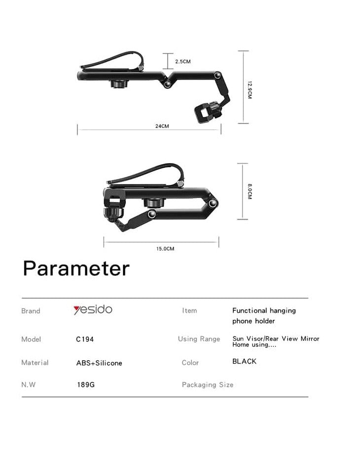 Yesido C194 Car Phone Mount Sun Visor Phone Holder for Car Universal Clip 360 Degree Adjustable Cell phone Stand Rearview Mirror Cradle.