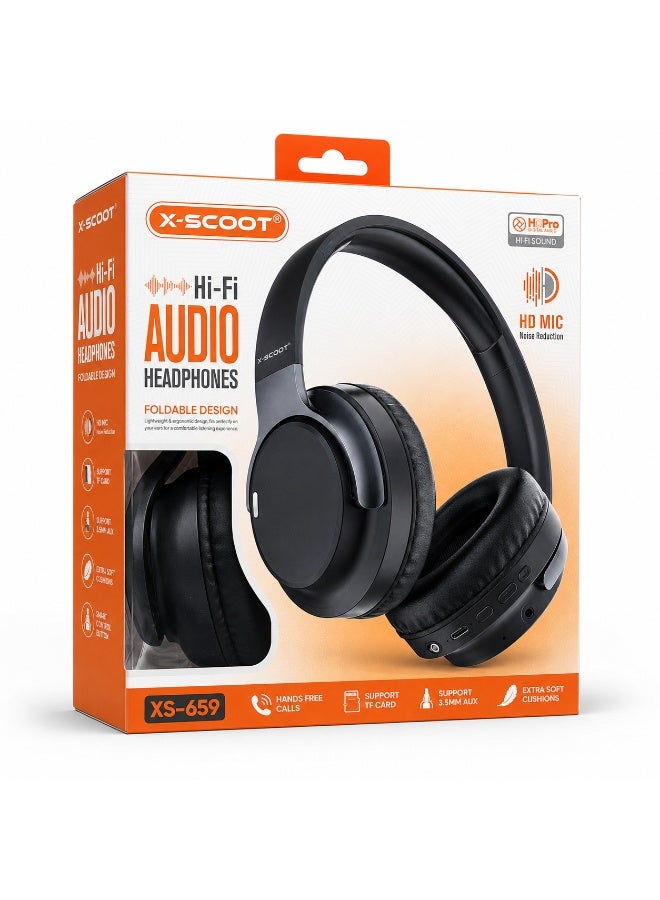 XS-659 Wireless Foldable Hi-Fi Bluetooth Headphones with HD Sound, Deep Bass, Noise Reduction Microphone, Soft Leather E