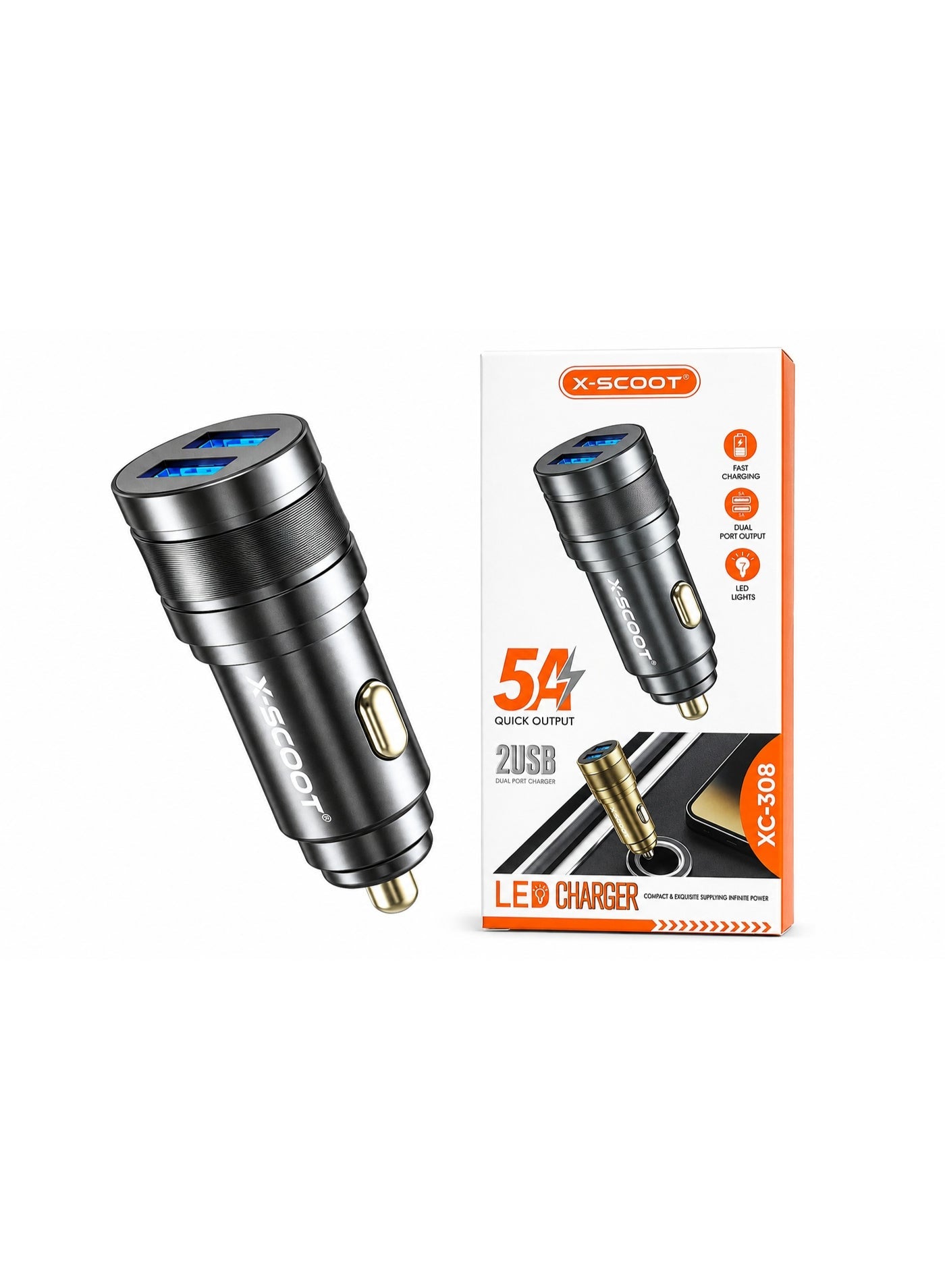 XC-308 Dual USB Car Charger – 5A Fast Charging, 2 USB Ports, DC 5V/5A Output, LED Indicator, Compact Design, Stable Powe