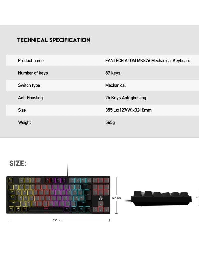 FANTECH MK876 RGB Gaming Mechanical Keyboard , Red Switch