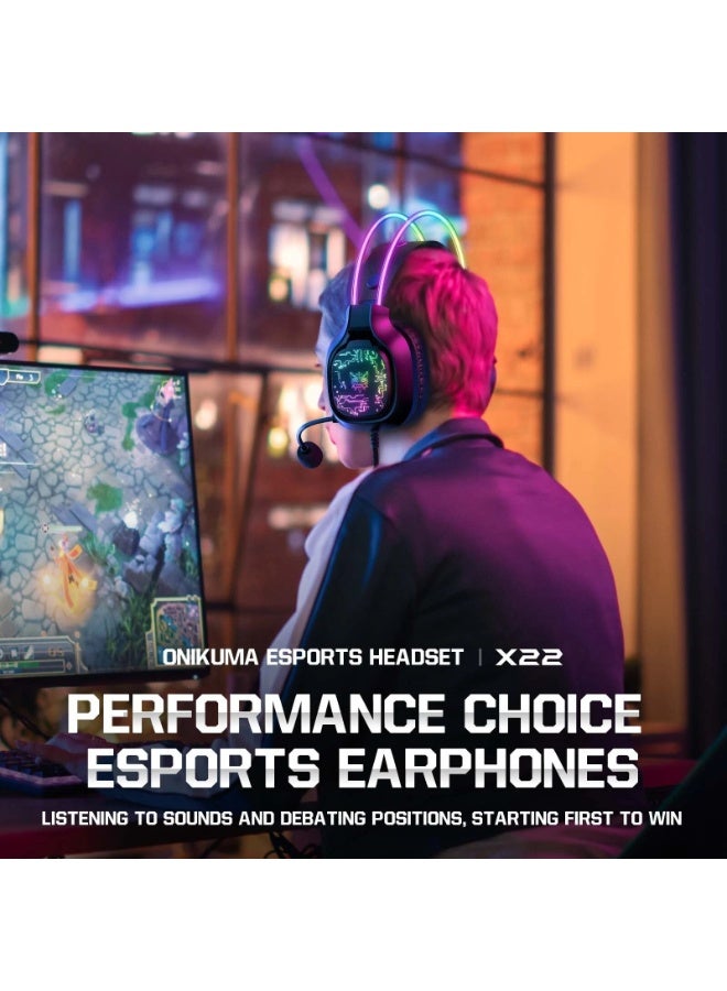 X22 RGB Gaming Headphones, Over-Ear Headset with Microphone, Noise Reduction, Volume Control, LED Light, Durable & Comfo