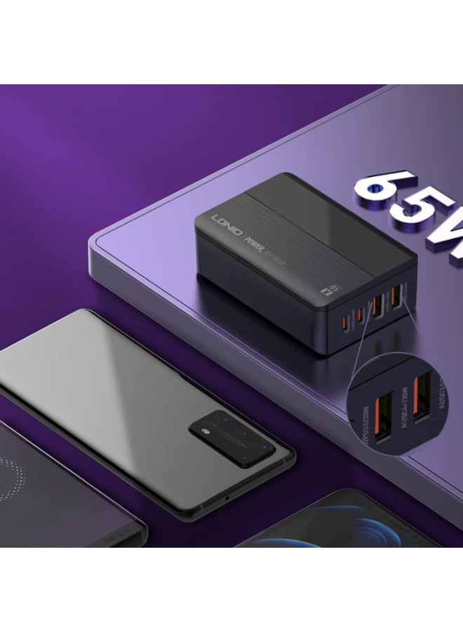 A4808Q 70W Desktop Fast Charger with 2 USB-C PD 3.0 & 2 USB-A QC 4.0 Ports, LED Power Display, Multi-Device Charging Sta