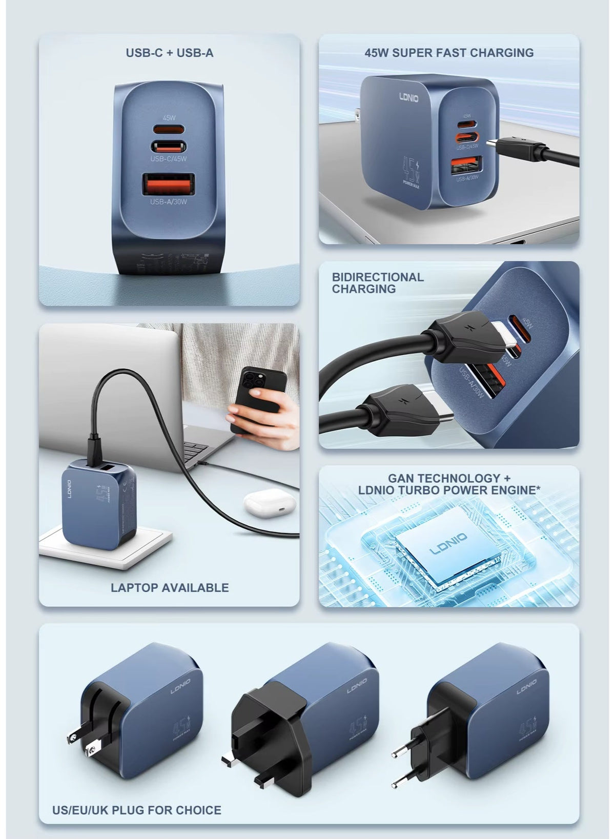 45W USB-C and USB-A Super Fast Wall Charger, PD PPS Fast Charging Adapter for MacBook, iPhone, Samsung Galaxy, Android P