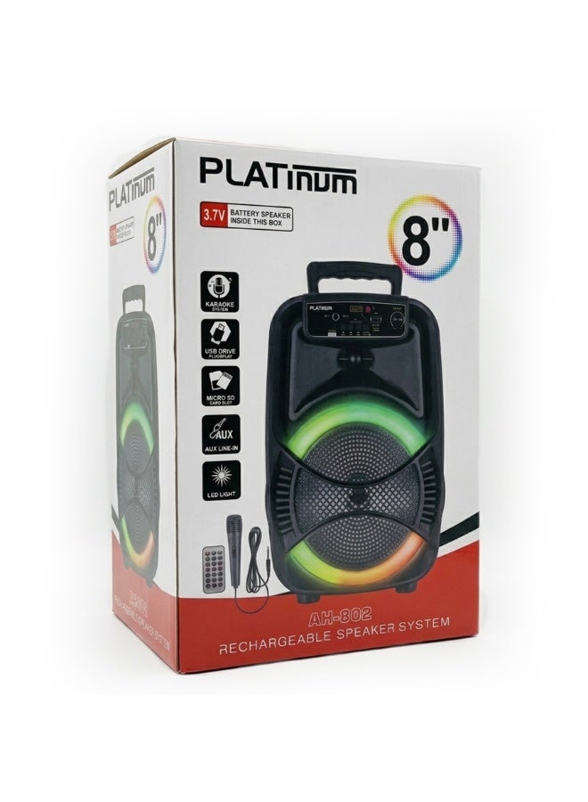 AH-802 Portable 8 Inch Rechargeable Karaoke Speaker with Dynamic LED Lights and Remote Control Wireless Audio Speaker Sy