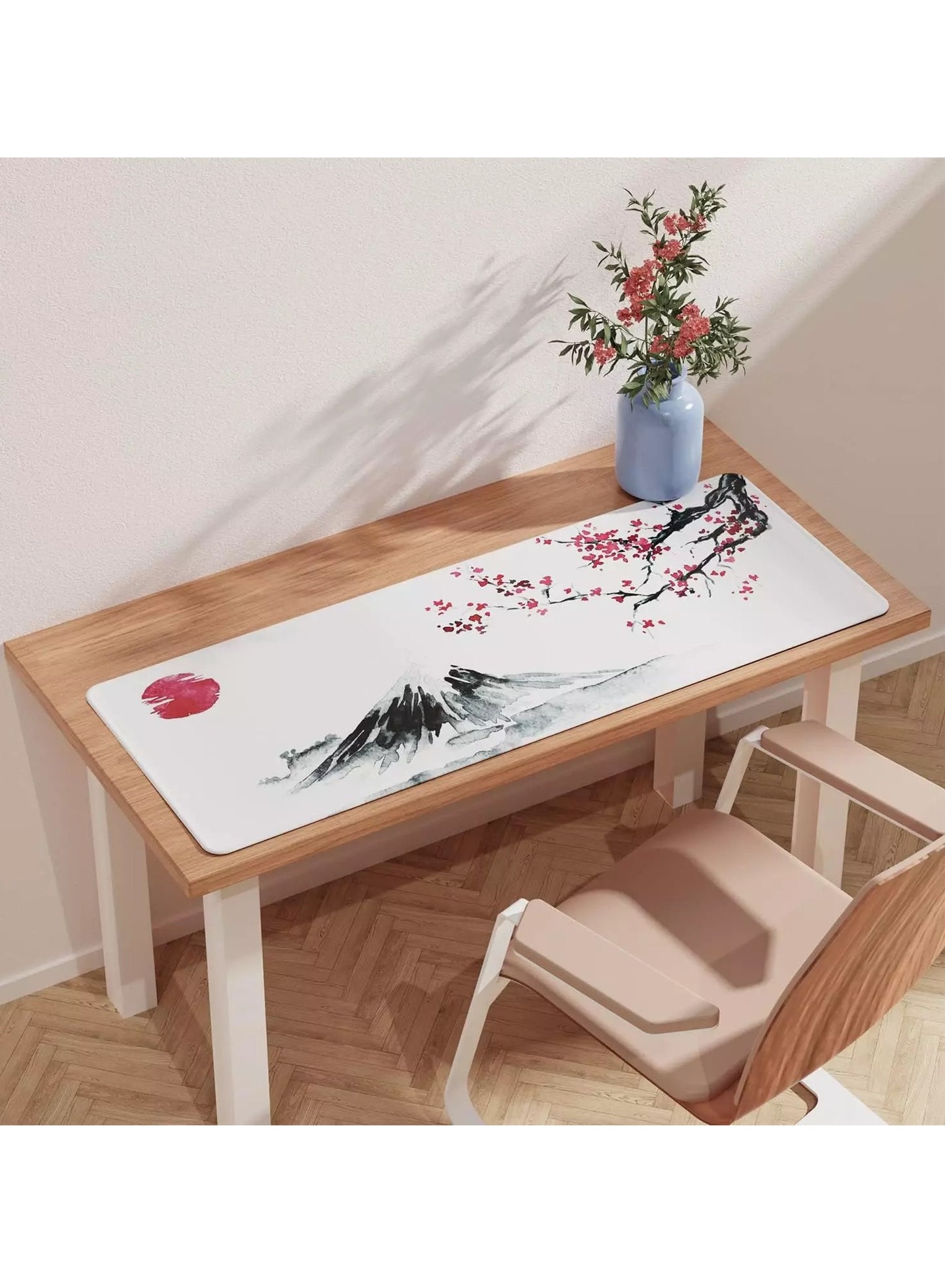 Japanese Cherry Blossom Design White Mouse Pad, Large Extended Mouse Pad for Office with Stitched Edges and Non-Slip Rubber Base, XL Gaming Mouse Pad ( 70x30x2mm )