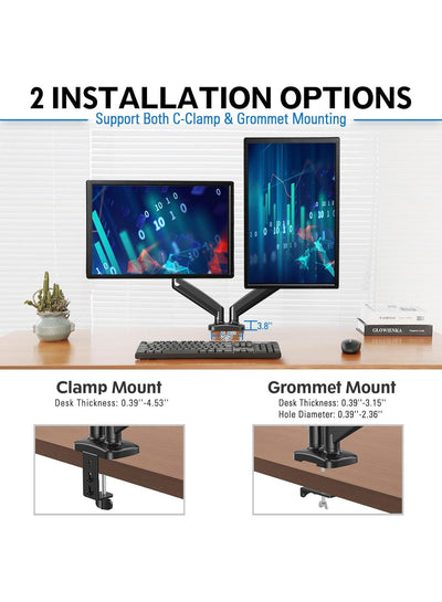GMK915 Dual Monitor Mount Stand - Gas Spring Adjustable Arms with VESA 75/100mm, 13-32 Inch Screen Compatibility, C Clam