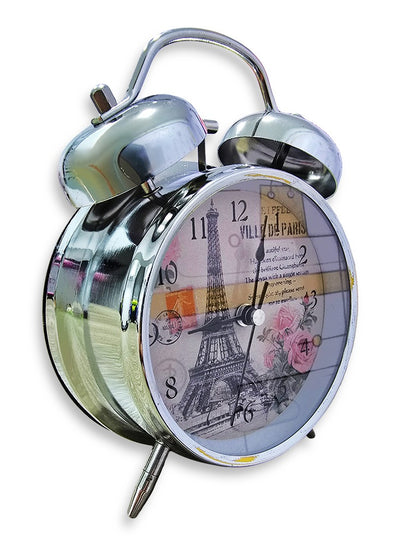 Charming mini alarm clock, cute office decor, special gift, bedroom decor, with Eiffel Tower background drawing, silver color