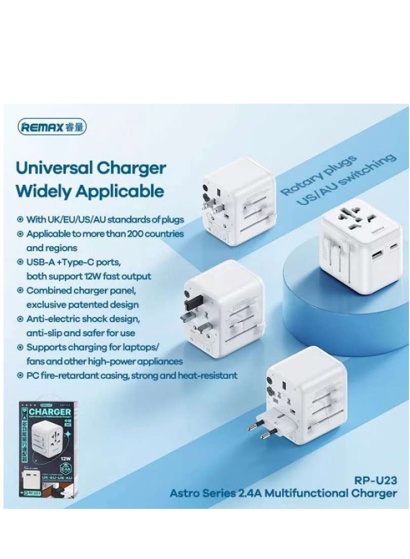 Multifunctional Fast Charger (12W)  RP-U23 ASTRO Series 2.4A (output-1A+1C) , the best choice for travel, home and offic