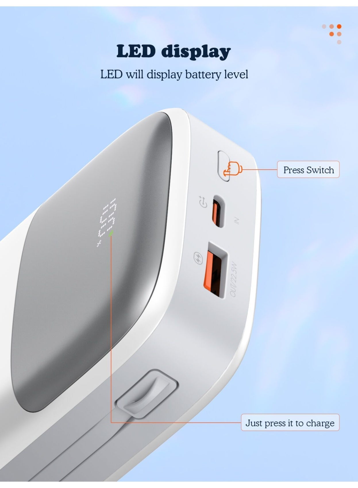 PQ20 20000mAh Fast Charging Power Bank with Built-In Charging Cables, 22.5W USB-C PD Output, 18W USB-C Fast Input, LED D