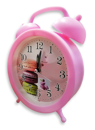 Charming mini cartoon alarm clock, cute office decor, special gift, bedroom decor, creative classic design, cheerful pink color with macaron sweets drawing in the background