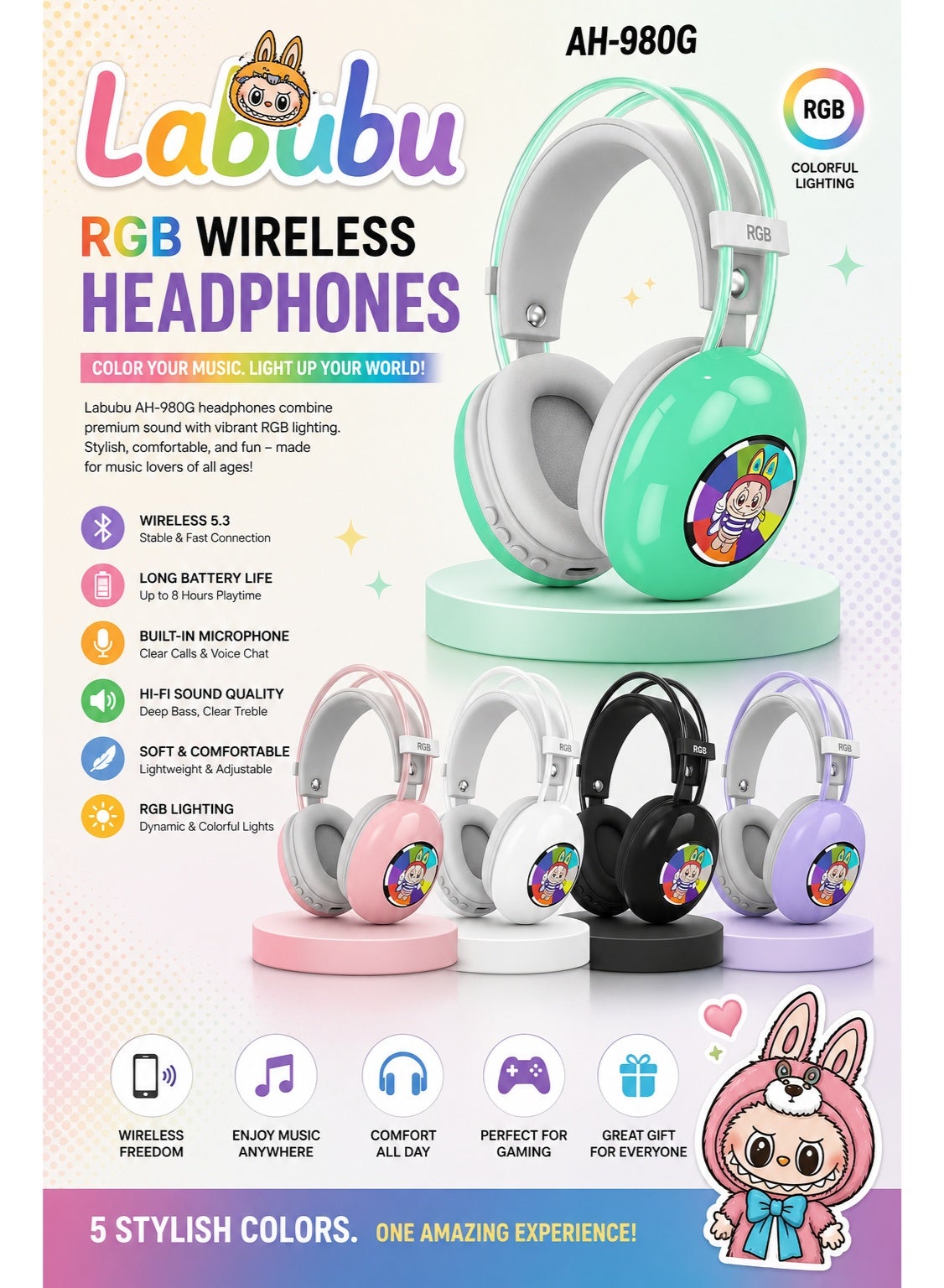 AH-980G RGB Bluetooth Gaming Headphones with 40mm Dynamic Drivers, Wireless Over-Ear Headset, Pure Bass Sound, Noise Red
