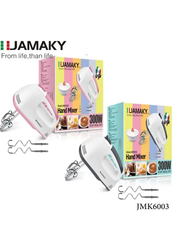 JAMAKY Italy 300W Italian Technology Hand Mixer - JMK6003 - 220-240V ~ 50/60Hz 300W 7-Speed Control More Through Mixing and Heavy Duty Mixing Performance, White