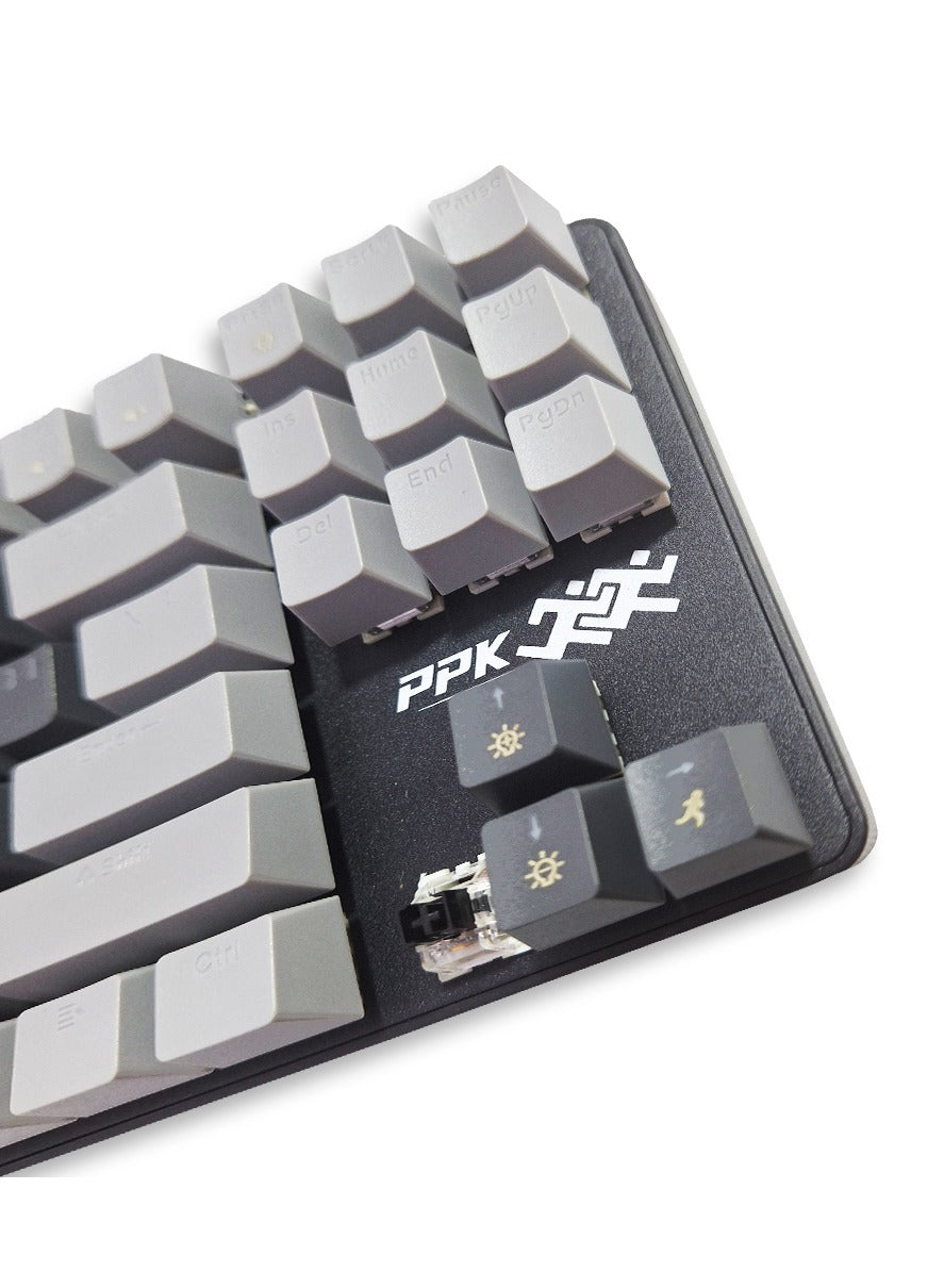 Mechanical Gaming Keyboard, model PPK87 for computer and lap top (black/gray) RGB Full size with 87 key, cable USB Speed interface , black switch, adjustable height in to give comfort to the hand while playing .